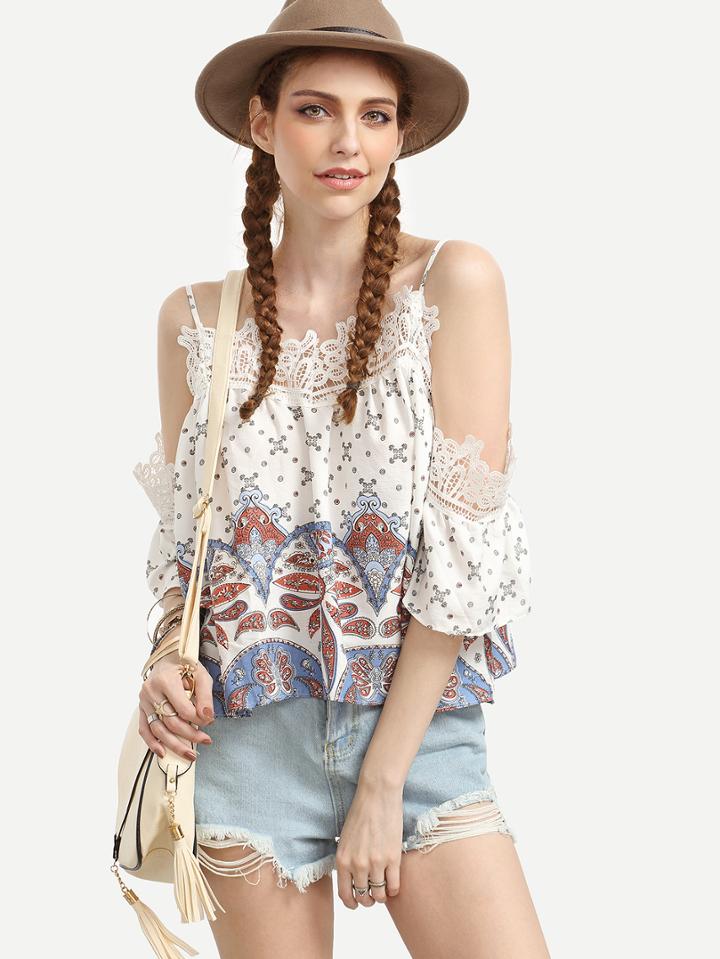 Romwe White Paisley Print Crochet Cold Shoulder Top