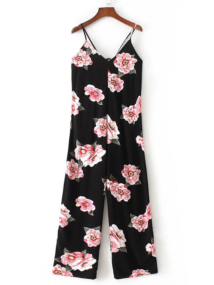 Romwe Cami Straps Floral Print Tie Back Jumpsuit