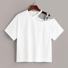 Romwe Lettering Tape Detail Asymmetrical Neck Top