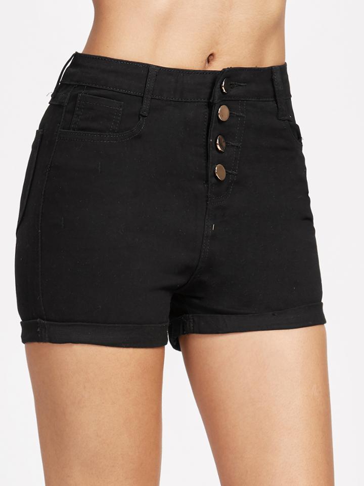 Romwe Single Breasted Cuffed Chambray Shorts