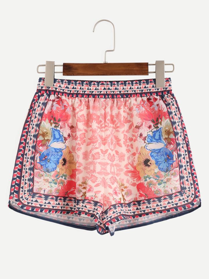 Romwe Pink Flower Print Elastic Waist Shorts