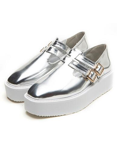 Romwe Silver Square Toe Buckle Strap Flat Shoes