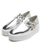 Romwe Silver Square Toe Buckle Strap Flat Shoes