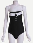 Romwe Black Contrast Buttons Front Bandeau One Piece Swimwear