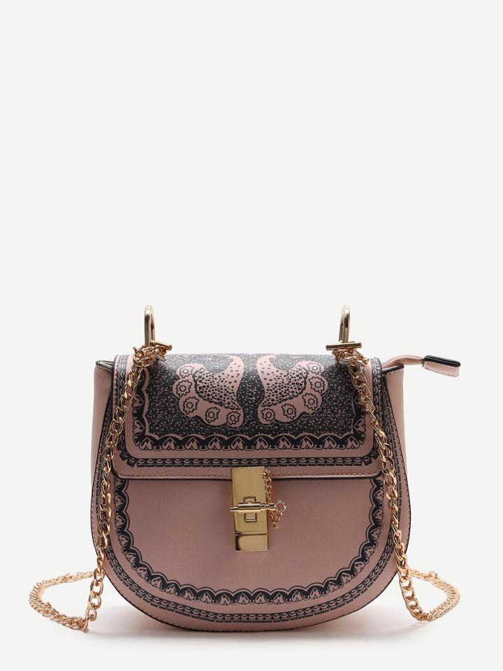 Romwe Pink Printed Saddle Bag With Chain