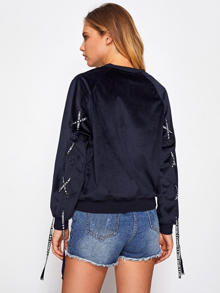 Romwe Grommet Lace Up Sleeve Suede Pullover