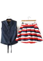 Romwe Lapel With Pockets Navy Top With Striped Flare Skirt
