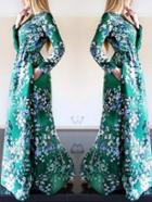 Romwe Long Sleeve Florals Maxi Green Dress