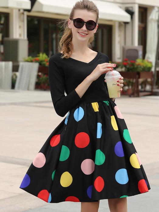 Romwe V Neck Polka Dot Flare Dress