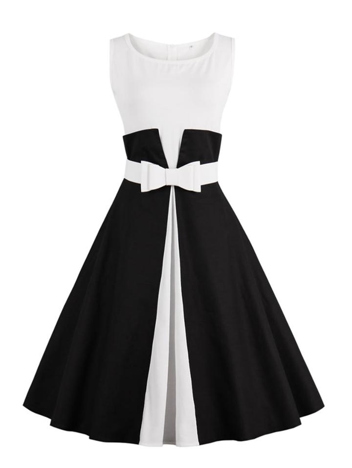 Romwe Color Block Flare Dress With Belt