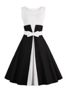 Romwe Color Block Flare Dress With Belt