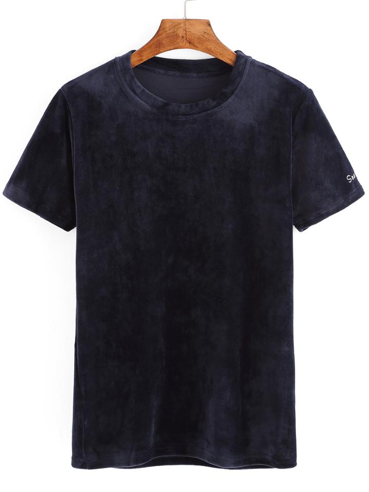 Romwe Letter Embroidered Velvet Navy T-shirt