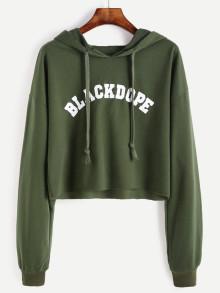 Romwe Drop Shoulder Letter Print Raw Hem Crop Hoodie