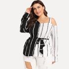 Romwe Plus Striped Open Shoulder Blouse