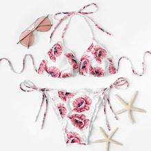 Romwe Random Floral Lettuce Trim Tie Side Bikini