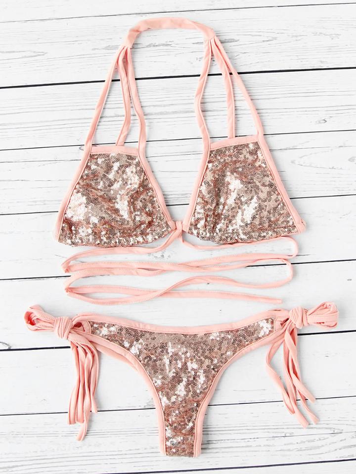 Romwe Side Tie Strappy Sequin Bikini Set