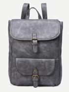 Romwe Grey Distressed Faux Leather Buckle Flap Backpack