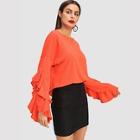 Romwe Neon Orange Drop Shoulder Ruffle Embellished Sleeve Pullover