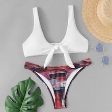 Romwe Knot Front With Random Graphic Bikini Set