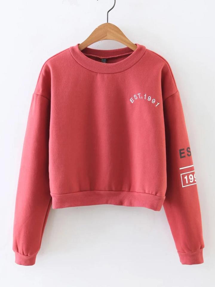 Romwe Letter Embroidery Drop Shoulder Crop Sweatshirt