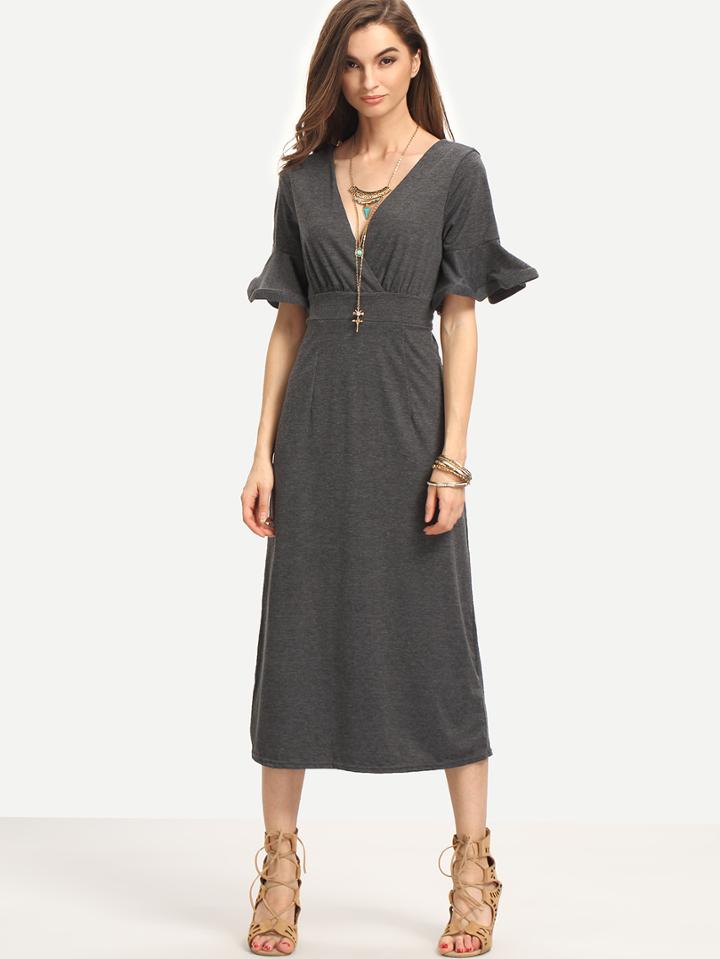 Romwe Surplice Front Ruffled Sleeve Dress - Grey