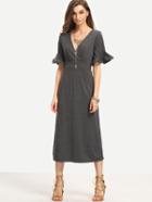 Romwe Surplice Front Ruffled Sleeve Dress - Grey