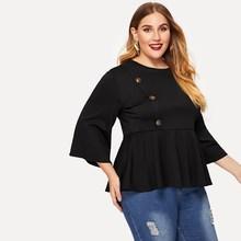 Romwe Plus Button Through Ruffle Hem Blouse
