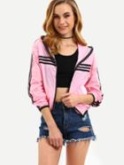Romwe Pink Hooded Contrast Striped Trim Jacket With Zipper