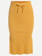 Romwe Yellow Drawstring Waist Slit Ribbed Knit Pencil Skirt