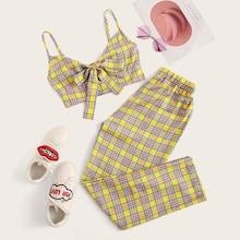 Romwe Plaid Print Tie Front Shirred Cami Top With Pants