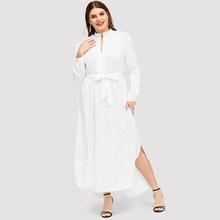 Romwe Plus Tie Waist Longline Shirt Dress