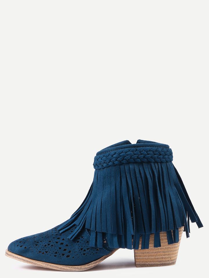 Romwe Navy Faux Suede Laser-cut Fringe Boots