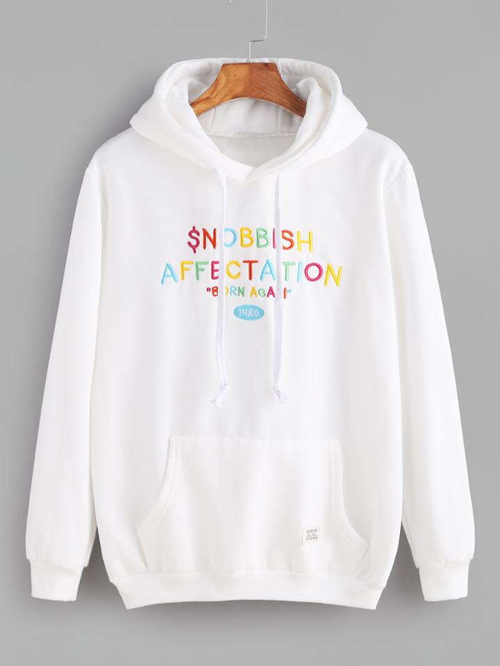 Romwe White Letter Embroidery Drawstring Hooded Pocket Sweatshirt