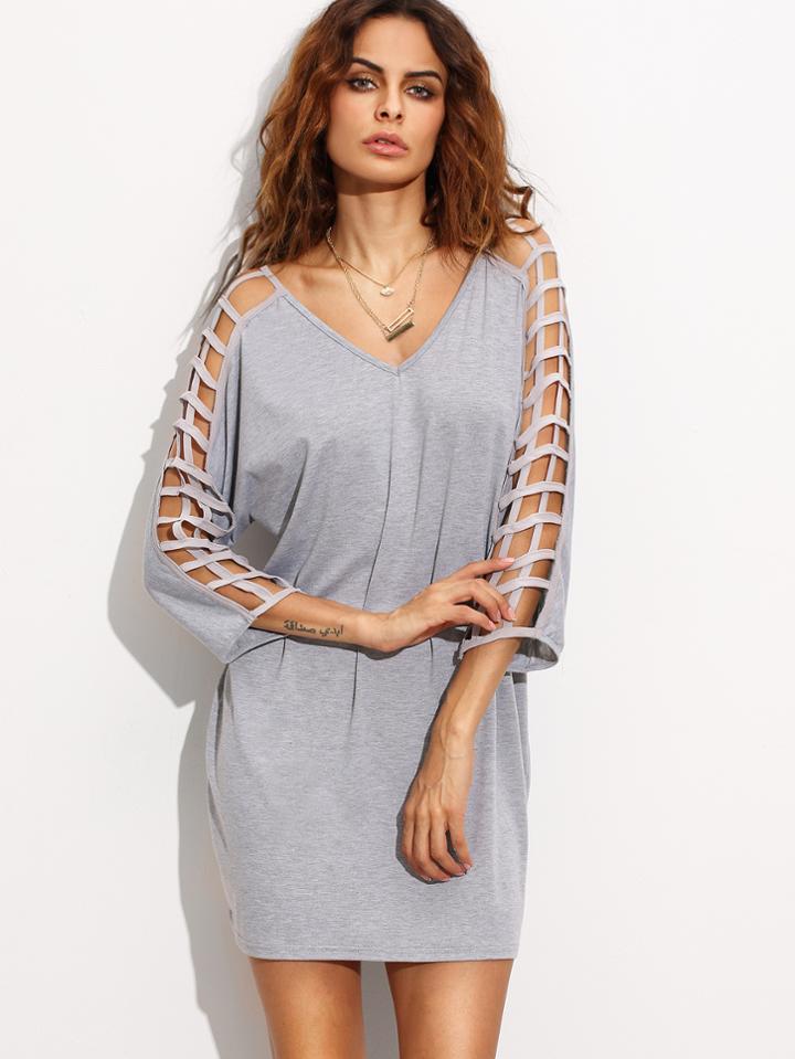 Romwe Grey V Back Hollow Out Shift Dress