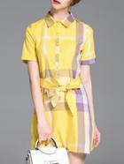 Romwe Yellow Lapel Plaid Tie-waist Dress