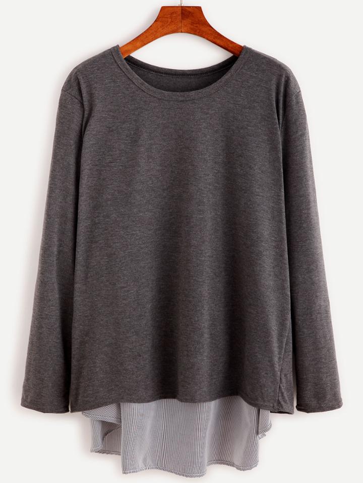 Romwe Grey Contrast Vertical Striped Panel T-shirt