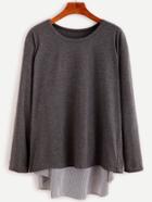 Romwe Grey Contrast Vertical Striped Panel T-shirt