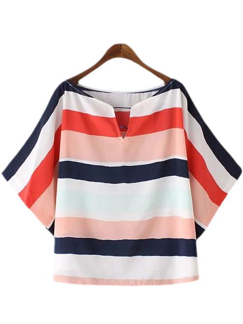 Romwe Multicolor Stripe Scoop Neck Short Sleeve Blouse