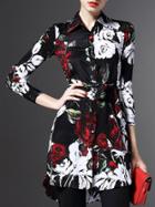Romwe Black Long Sleeve Tie-waist Rose Print High Low Dress