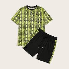 Romwe Guys Neon Snakeskin Tee & Drawstring Waist Shorts Set