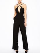 Romwe Black Deep V-neck Crisscross Cami Jumpsuit