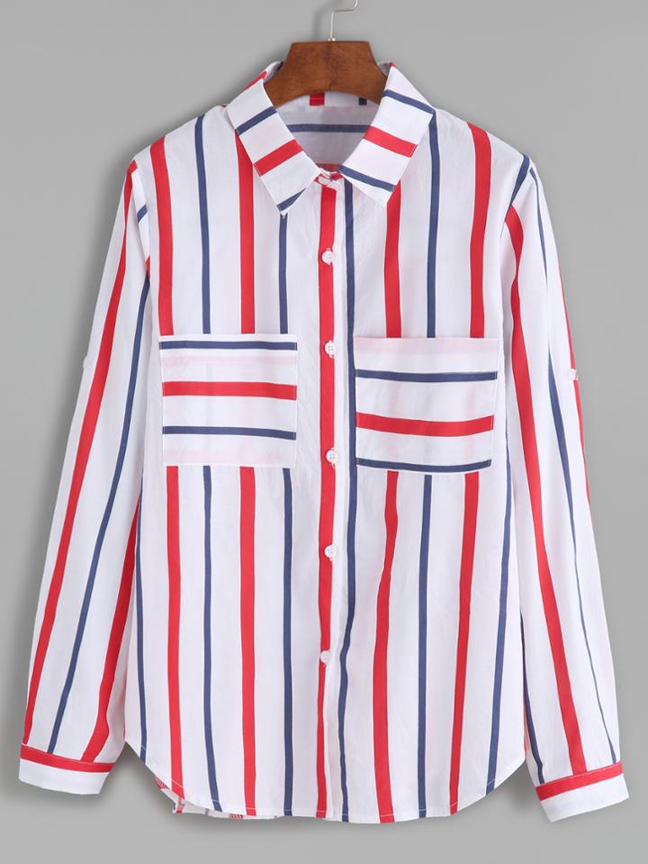 Romwe Vertical Striped Roll Tab Sleeve Shirt