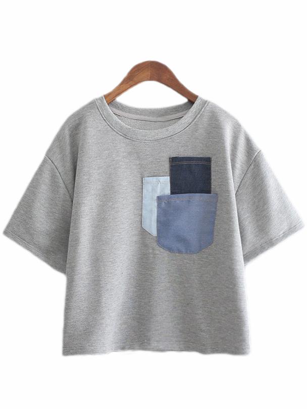 Romwe Grey Short Sleeve Pockets Casual T-shirt