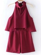 Romwe Burgundy Zipper Back Halter Bow Backless Romper