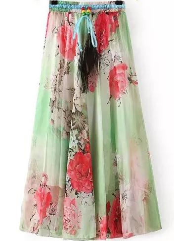 Romwe Drawstring Rose Print Pleated Green Skirt