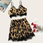 Romwe Contrast Lace Leopard Print Cami Top & Shorts