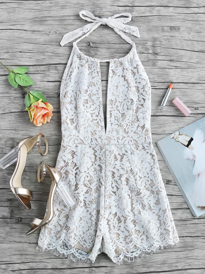 Romwe Halter Self Tie Back V Cut Open Back Lace Romper
