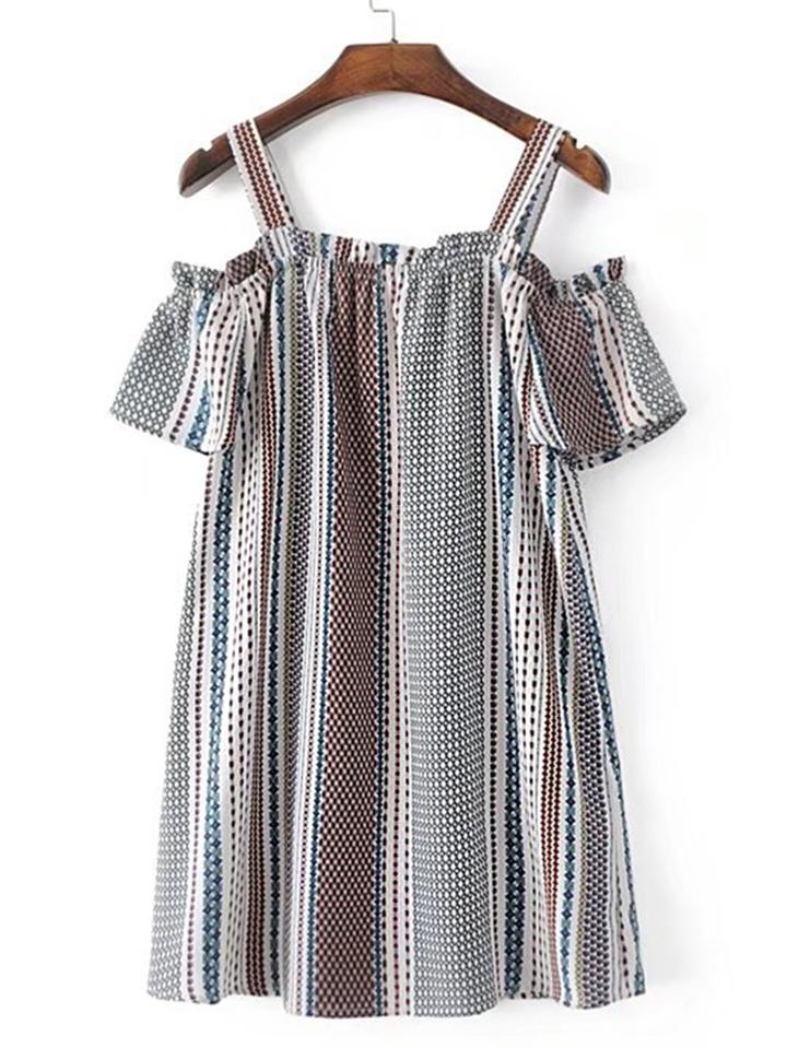 Romwe Cold Shoulder Vertical Striped Dress
