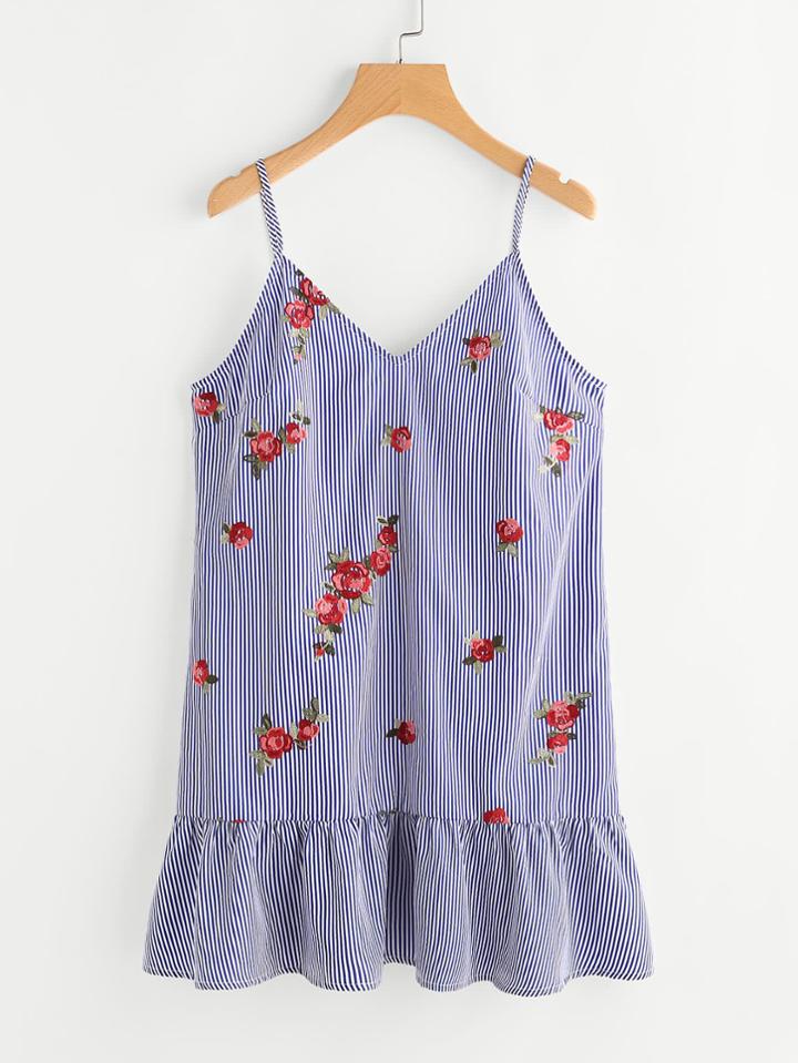 Romwe Flower Embroidered Keyhole Tie Back Frilled Cami Dress