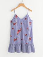 Romwe Flower Embroidered Keyhole Tie Back Frilled Cami Dress